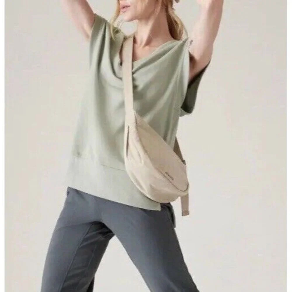 Athleta  Retroterry V-Neck Sweatshirt Tee Sleeveless Fern Green Women XL Neutral